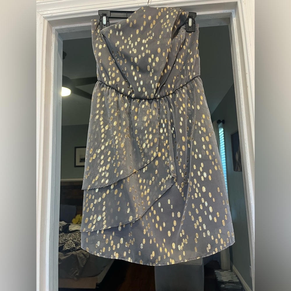 BCBGeneration Strapless Gray and Gold Dress